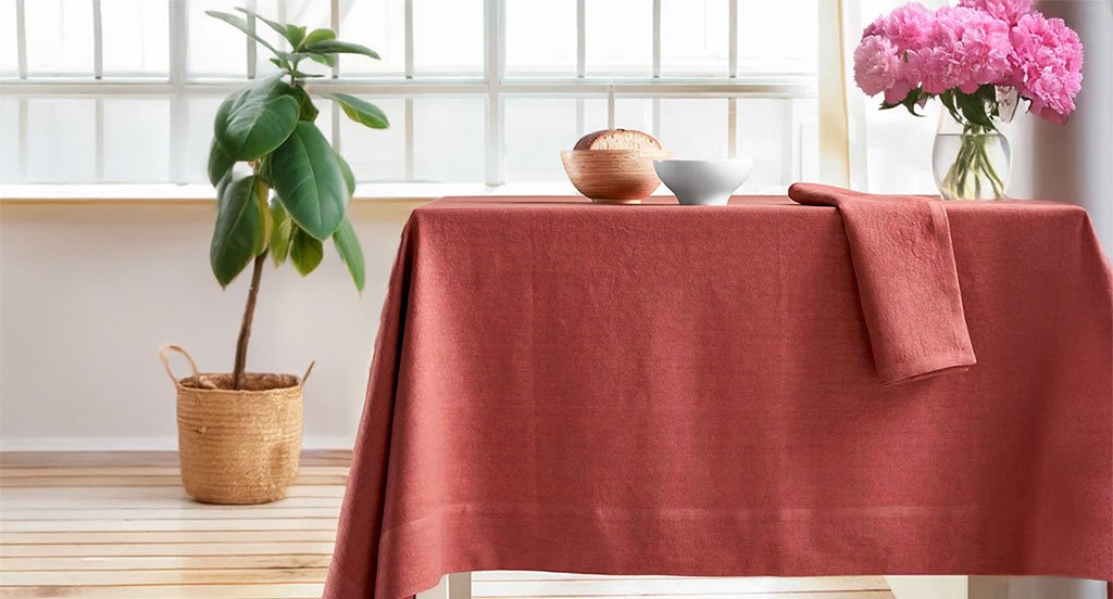 Tovaglia in puro lino Stonewashed no stiro colore rosso mattone su tavola
