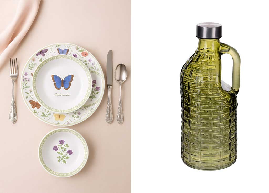 piatti-botanist-e-bottiglia-vetro-verde