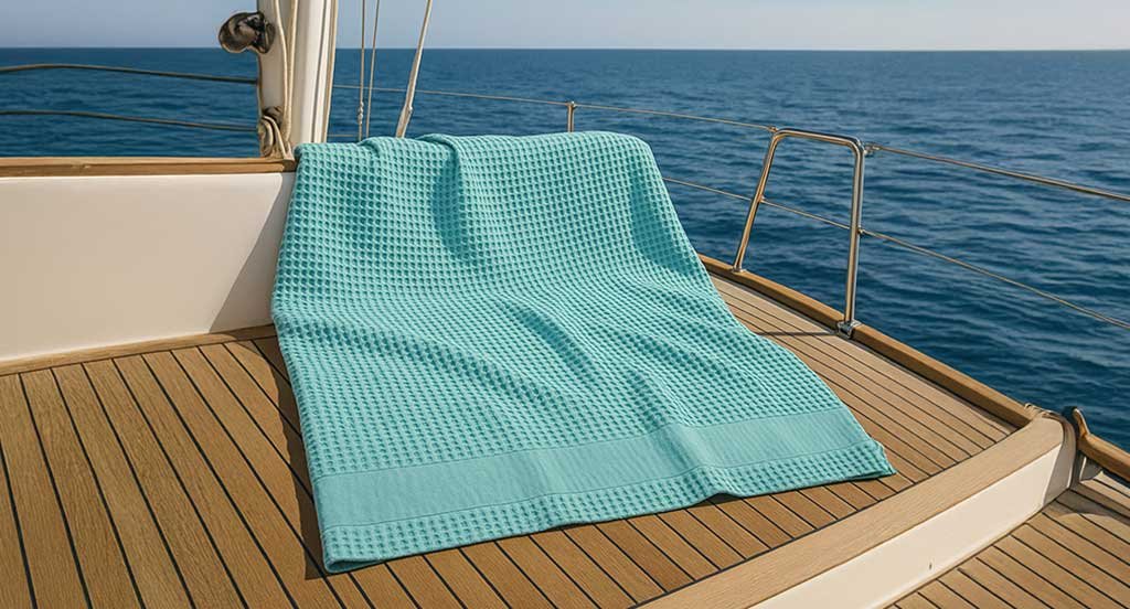 telo mare turchese puro cotone nido d’ape con balza in lino stonewashed