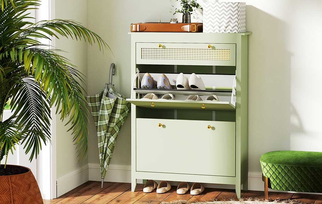 scarpiera-verde-piani-regolabli-legno-e-rattan
