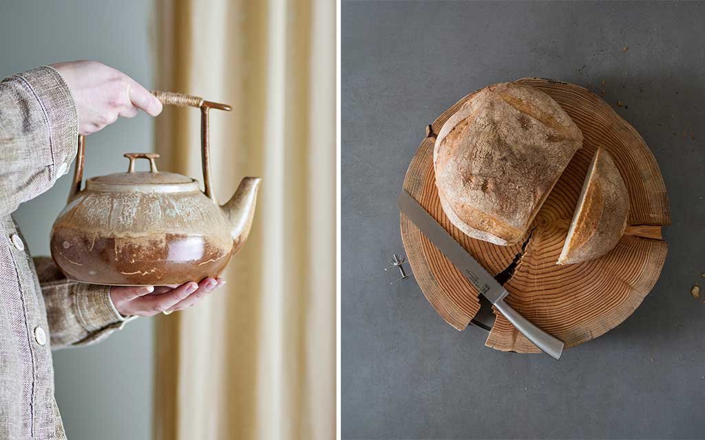 teiera in gres smaltato e tagliere fetta di tronco