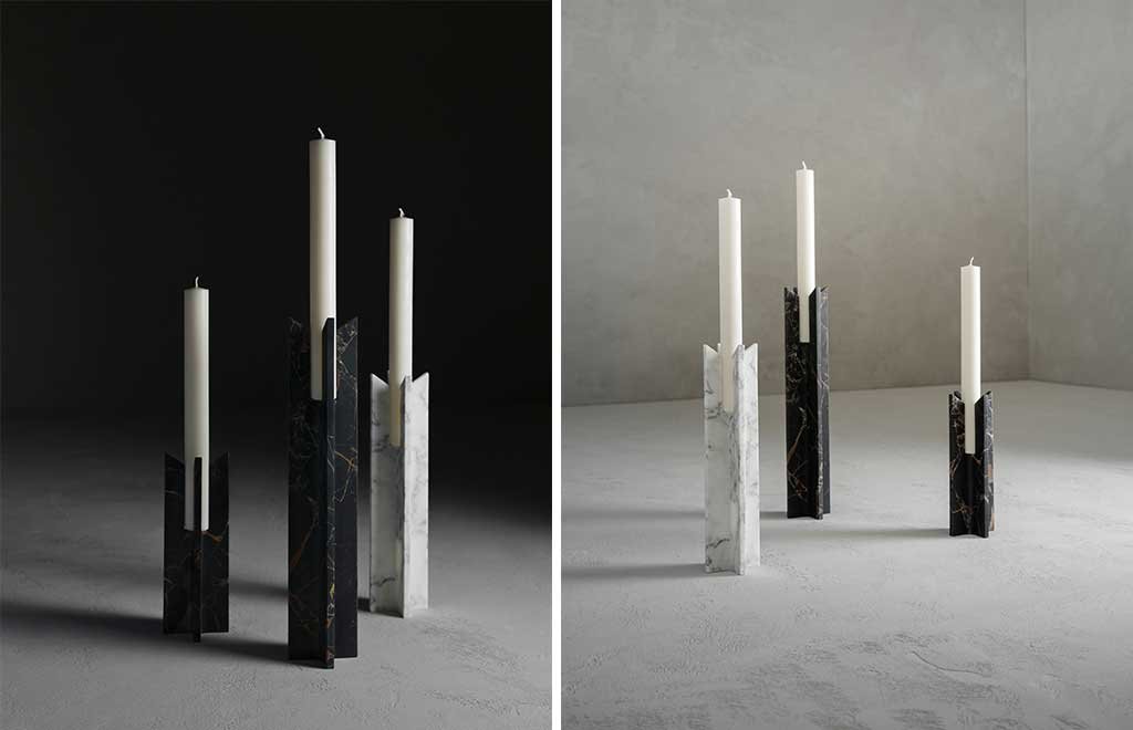 candelabri minimal in marmo bianco e nero