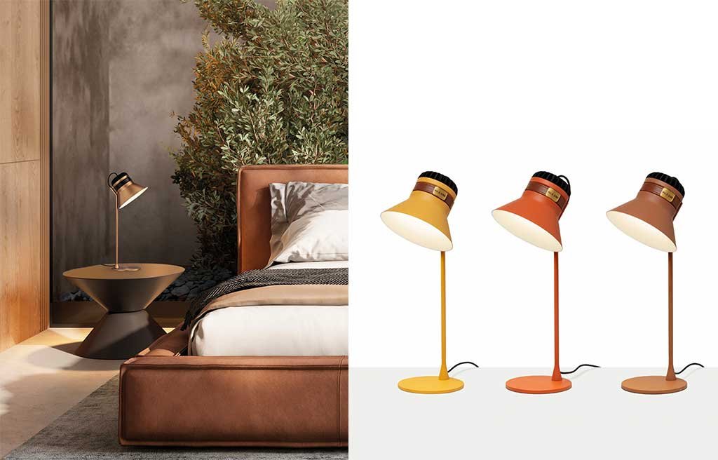 lampada da tavolo struttura metallo e finiture cuoio
