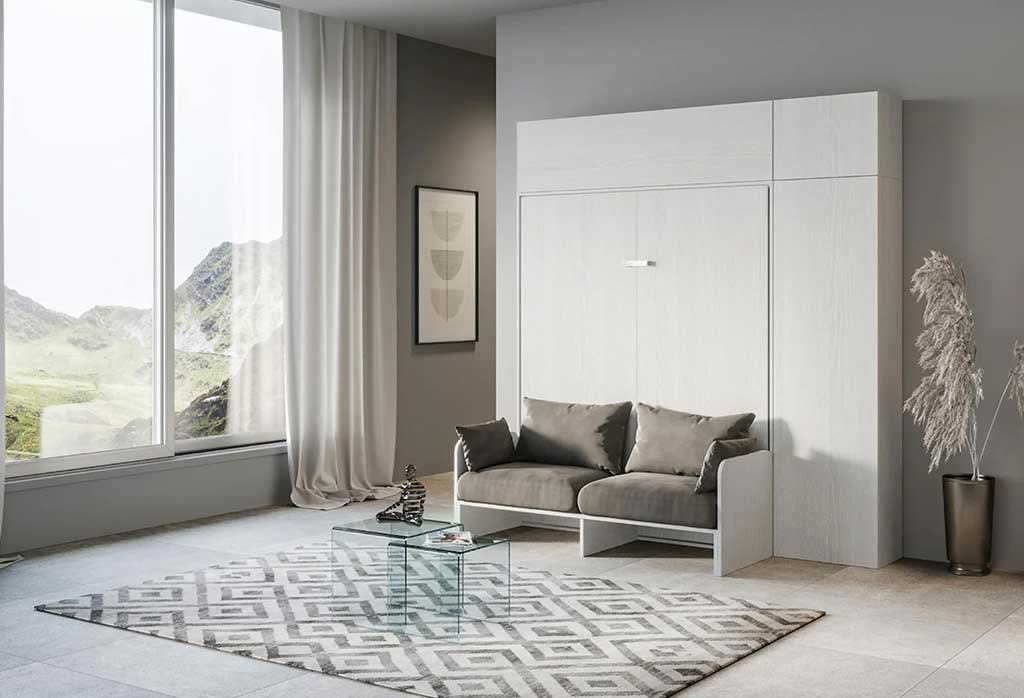 letto-a-scomparsa-bianco-chiuso-con-pensili e colonna