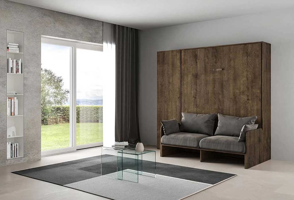 letto-a-scomparsa-noce-con-colonna-laterale modalita chiuso con sofa