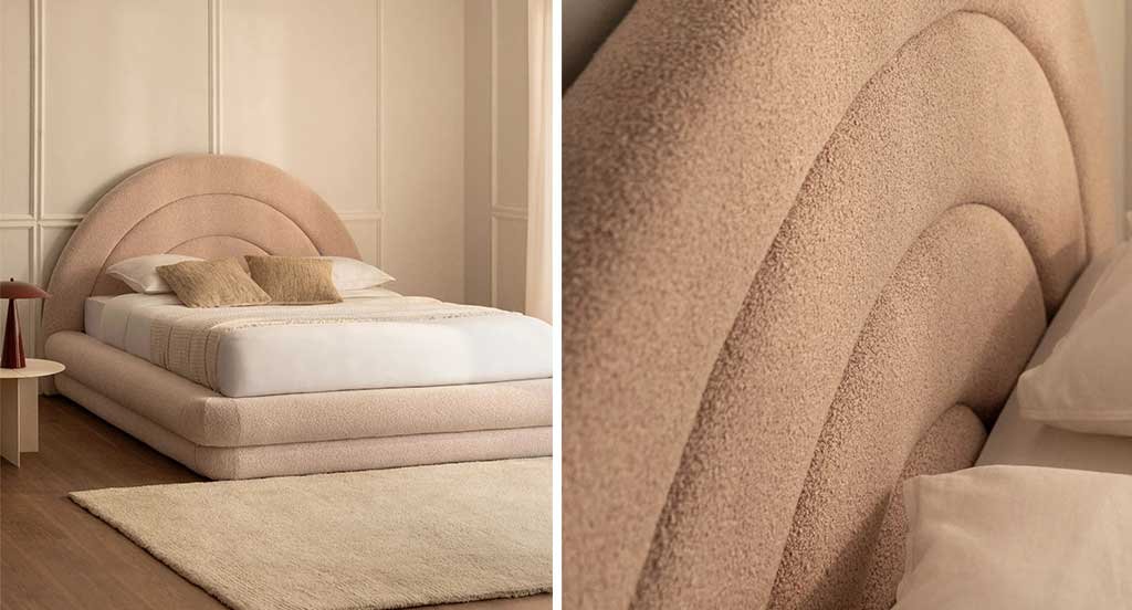 letto imbottito beige testiera rotonda