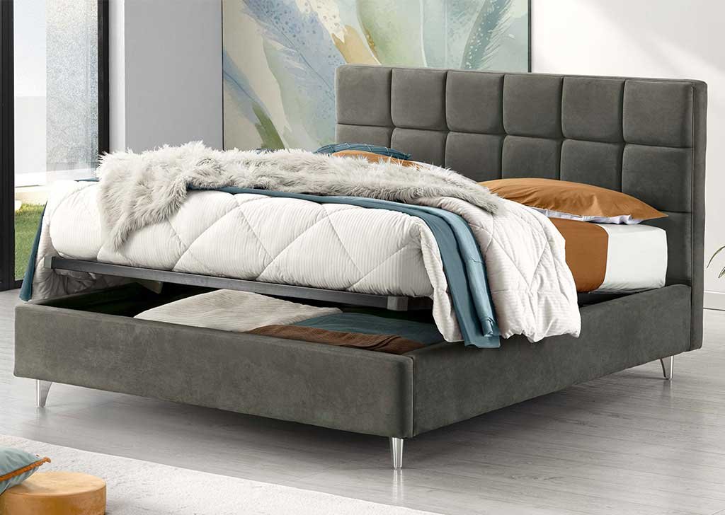 letto imbottito colore verde testiera geometrica