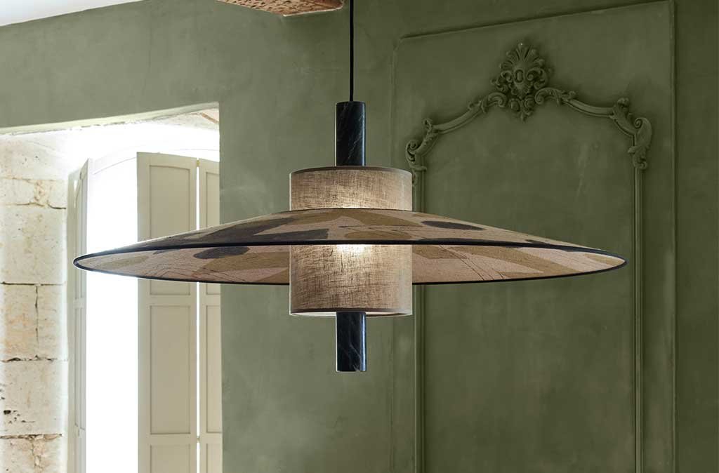 lampadario di design in lino tinto a mano