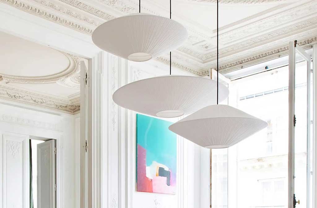 lampade sospese doppio cono rivestite cotone plissettato