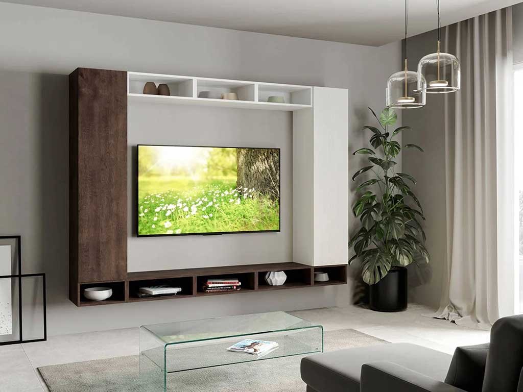 parete attrezzata a cornice con due pensili verticali e contenitori a giorno