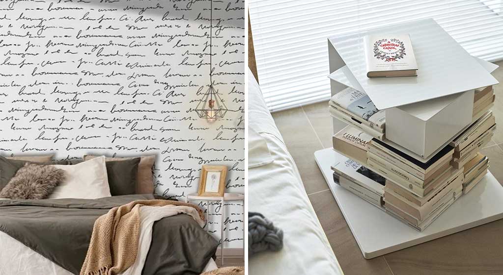 carta-parati-scritte-corsivo-e-comodino-libreria