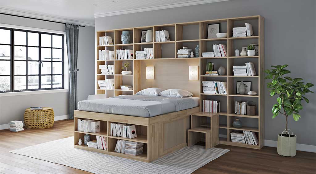 letto-con-libreria-cornice-legno