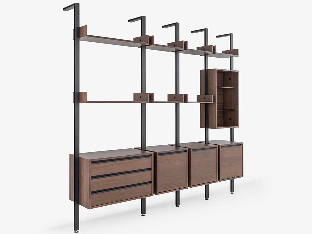 sistema parete legno e metallo struttura leggera stile anni 70 design