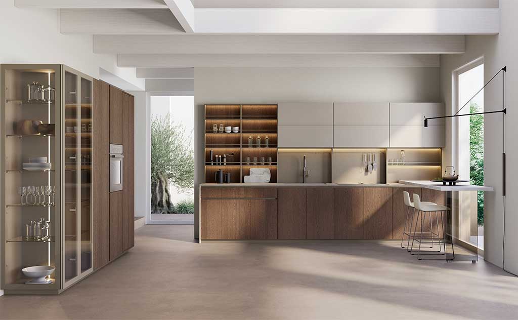 cucina design rivestita legno nobile e ante telaio titanio