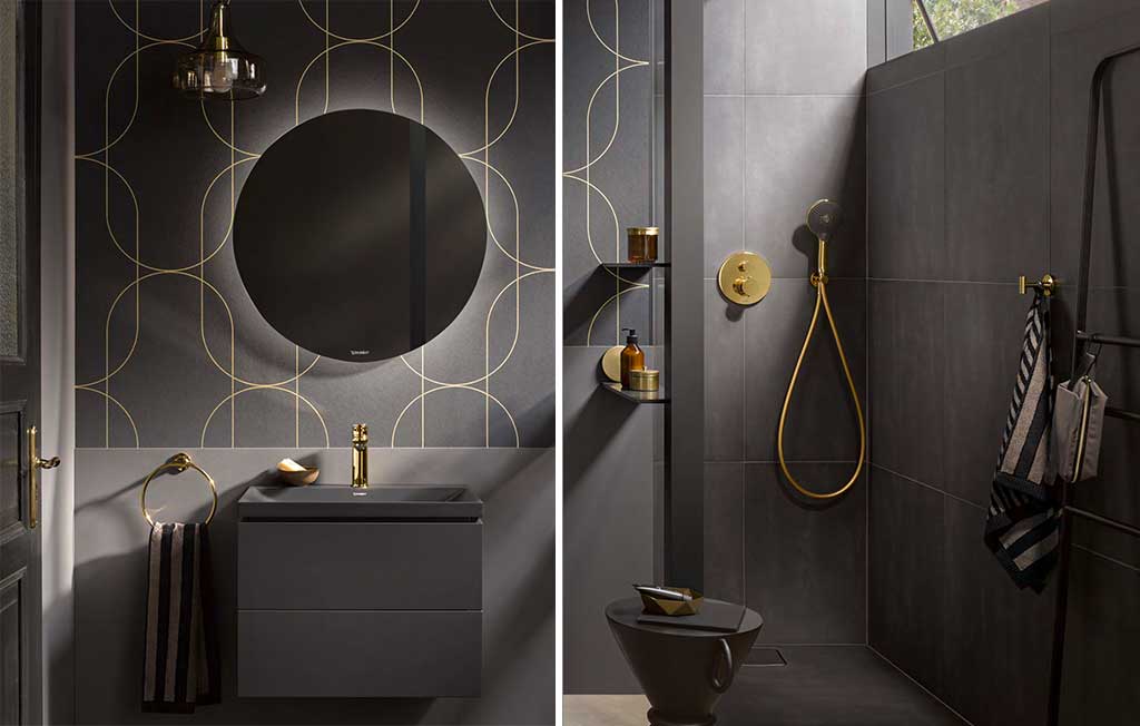 piano consolle bagno nero e piastrelle nero con rubinetti oro