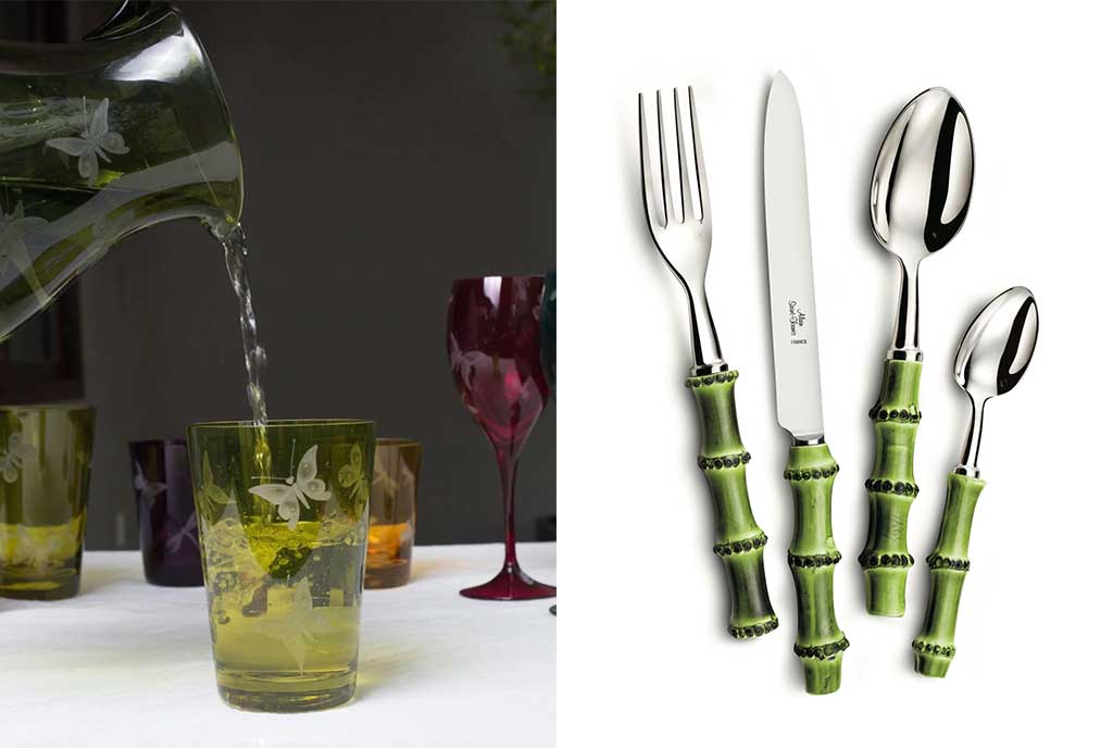 bicchieri-colorati-incisi-e-posate-manico-verde