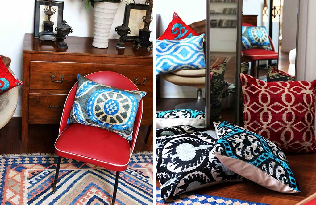 cuscini e tappeto colorati tessuti casa