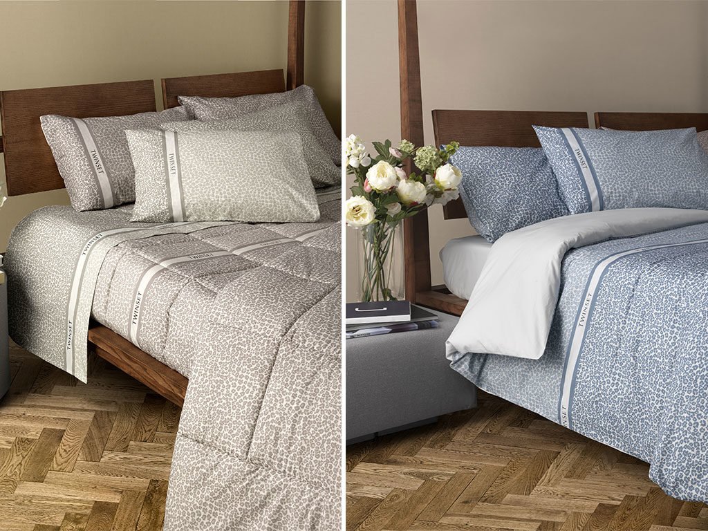 biancheria letto azzurro e tortora