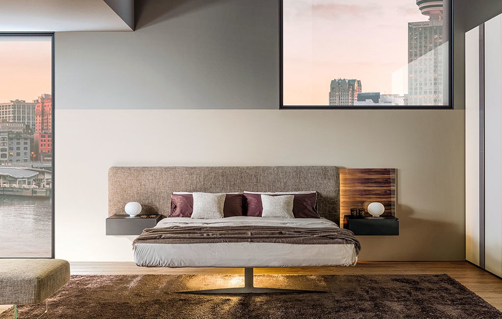 letto matrimoniale sospeso illuminato sotto