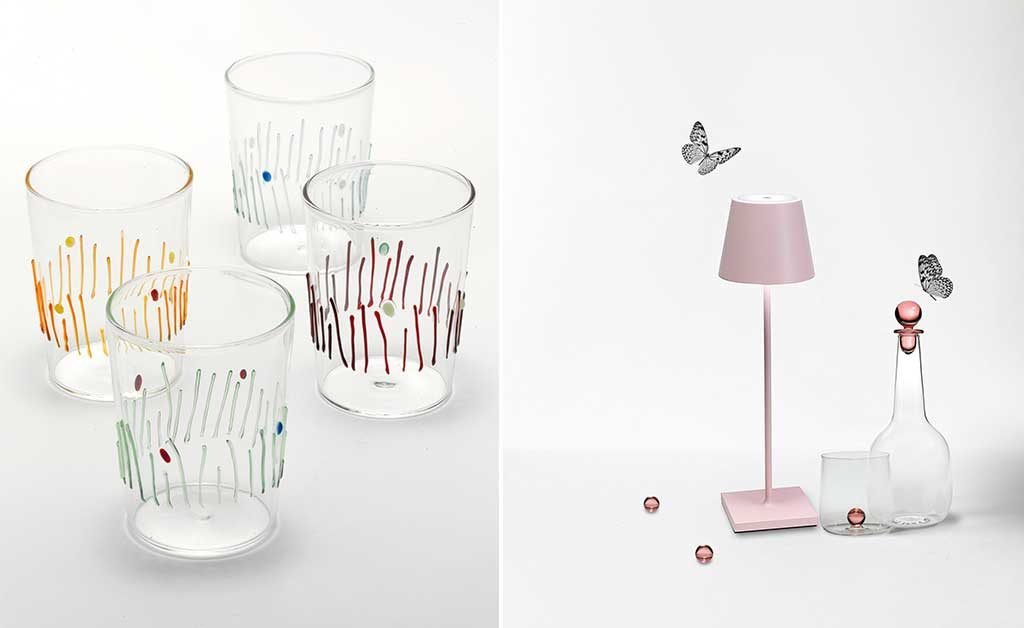 bicchieri decoro vetro e lampada tavolo led