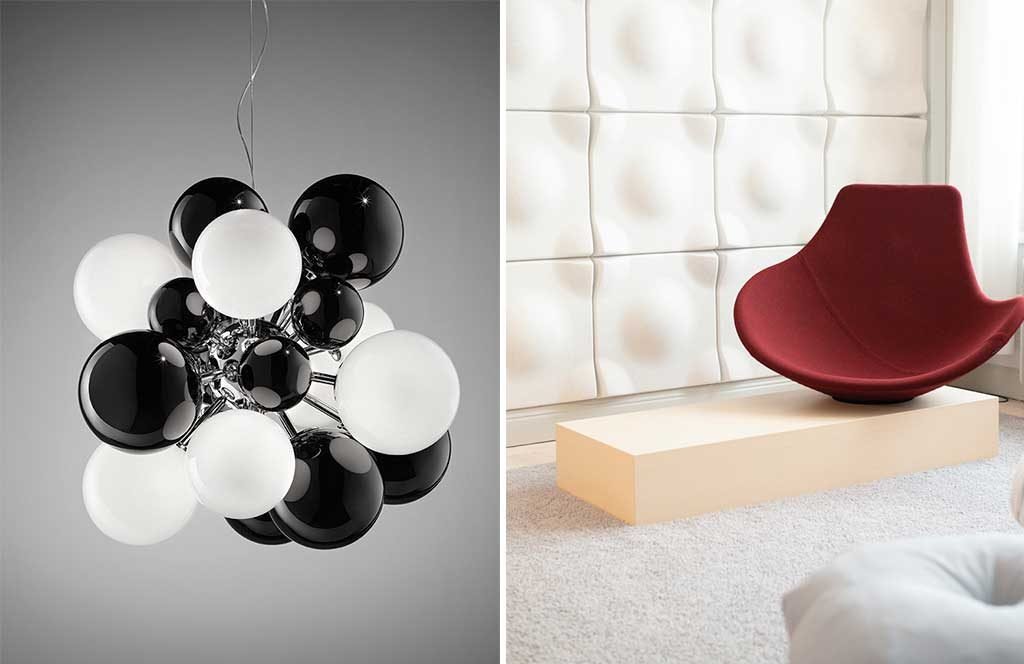 lampada sospesa bianco nero e poltroncina rossa
