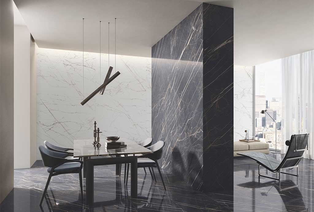 rivestimento effetto marmo nero bianco venature