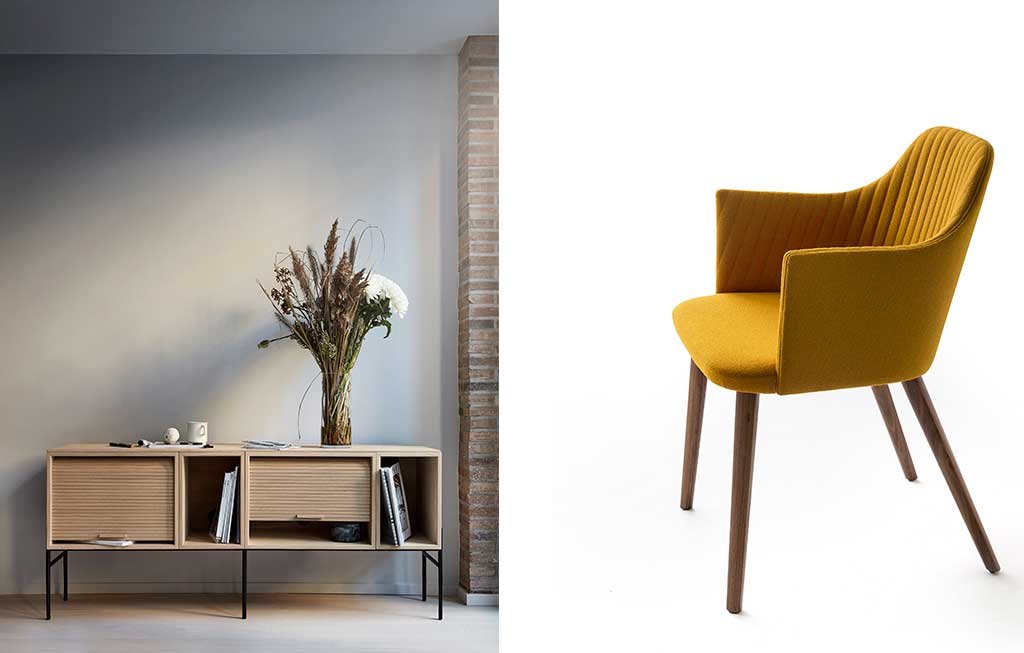 mobile legno e sedia giallo senape