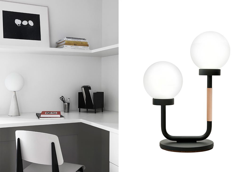 scrivania mensola bianco e lampada tavolo