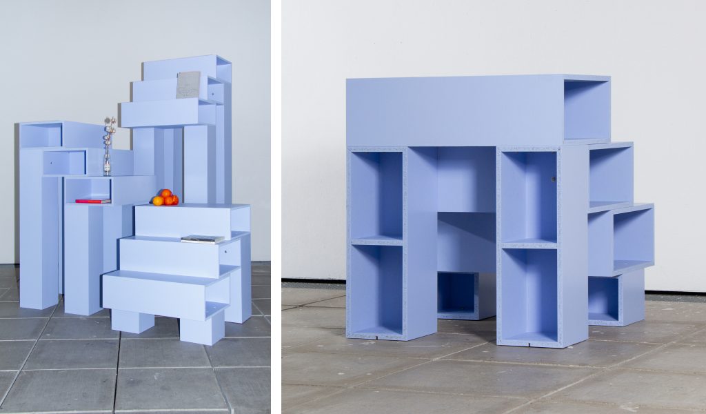 arredo multifunzionale legno azzurro scala libreria seduta
