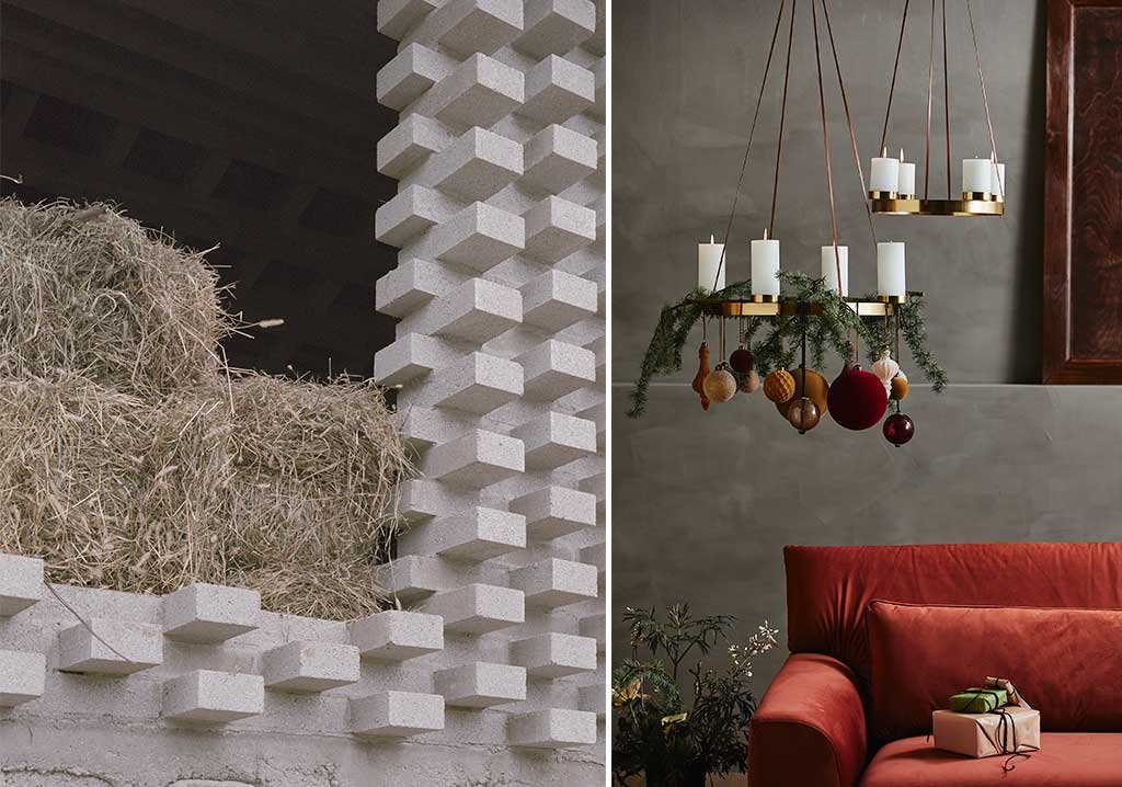 mattoni cemento e decorazioni appese