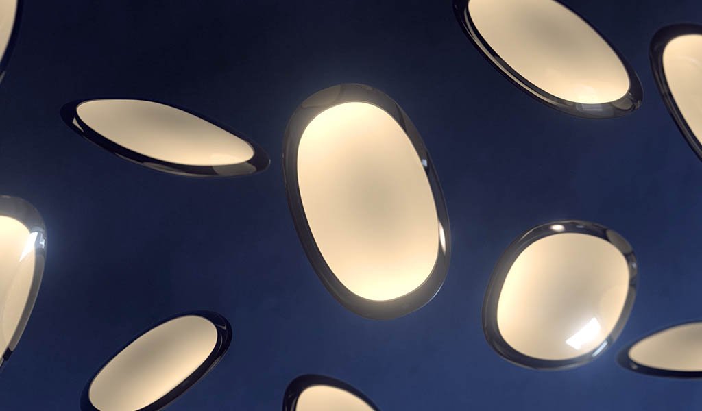 render 3d lampade ovali su sfondo blu