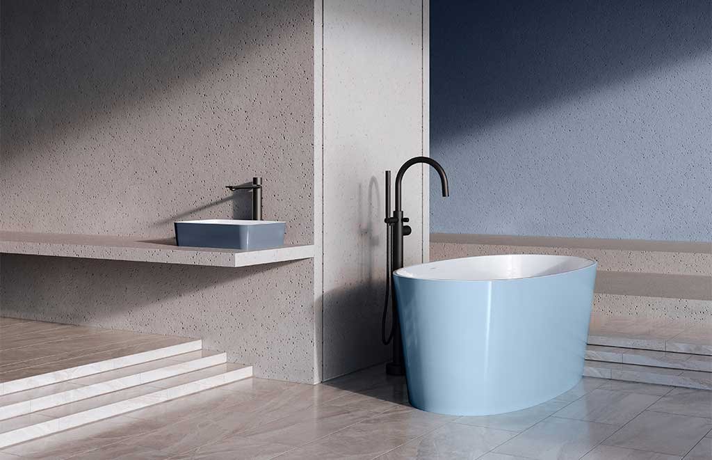 vasca azzurro pastello e lavabo grigio