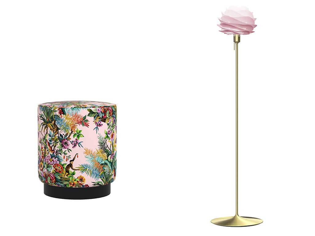 pouf cilindrico e lampada terra stelo
