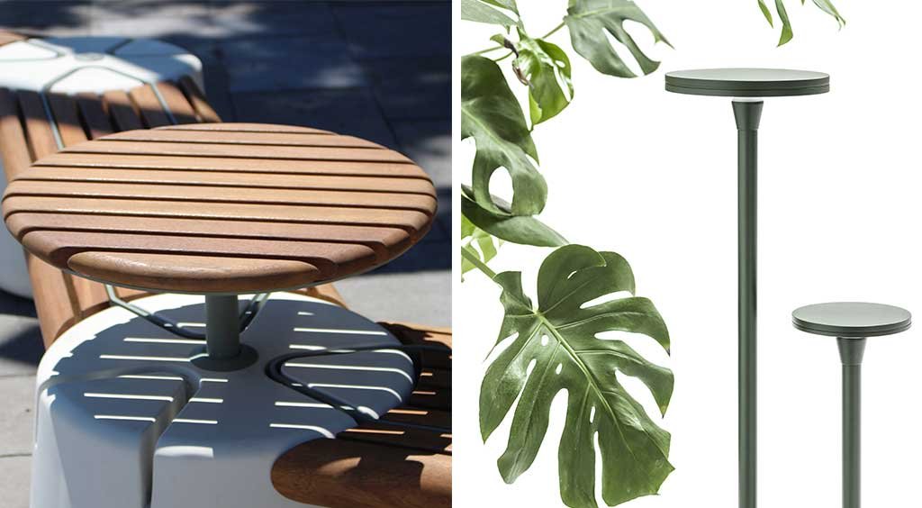 sistema panche tavolino outdoor e luci da esterno stelo