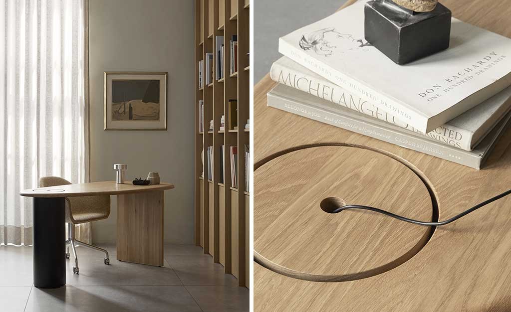 asymmetrical desk with wooden top with cable room and container