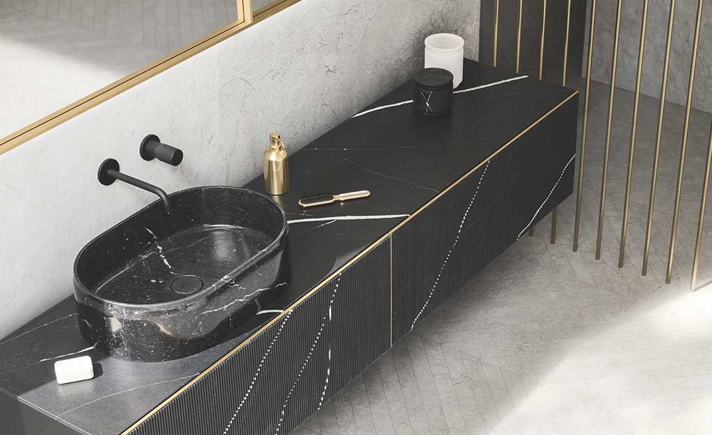 arredo bagno lavabo ovale appoggio marmo nero venatura chiara