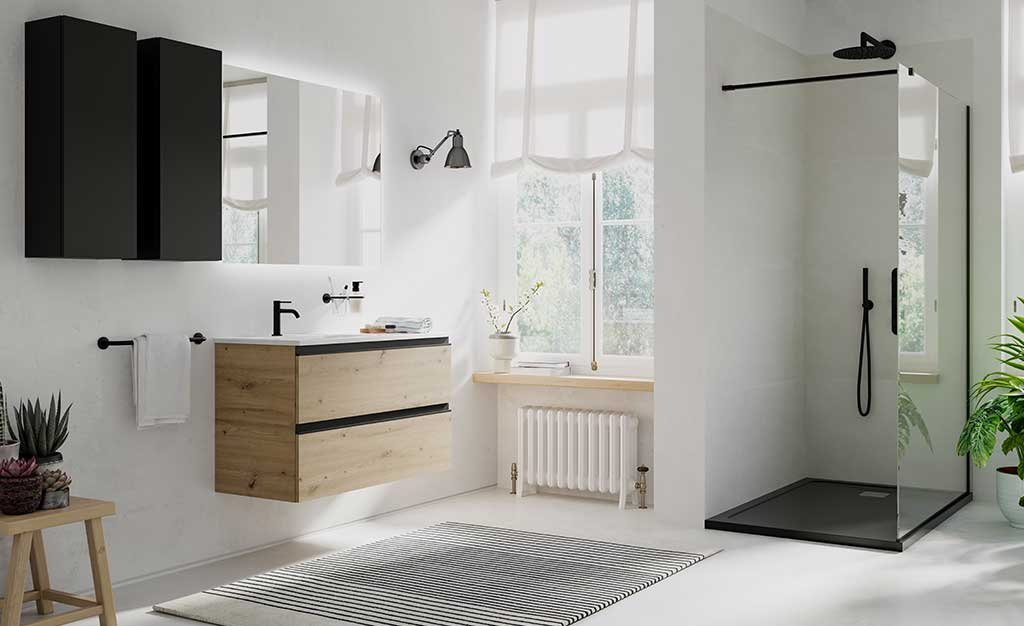 arredo bagno mix legno chiaro e mobiletti neri
