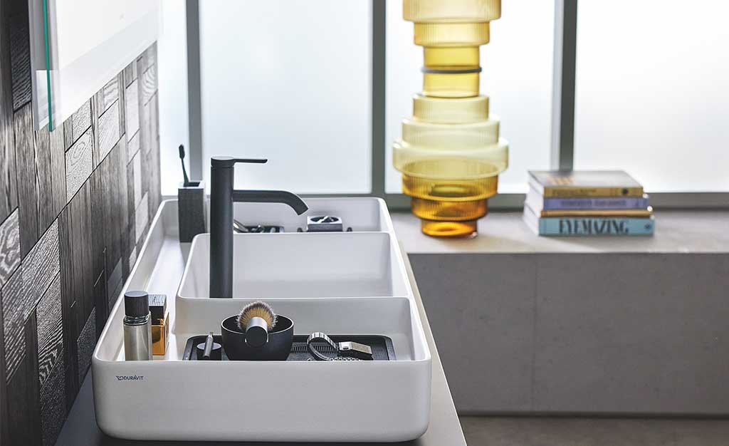 lavabo appoggio con scomparti portaoggetti integrati