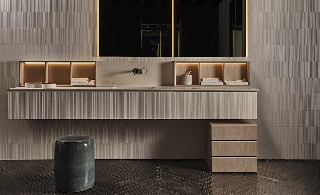 arredo bagno su misura mobile contenitore lavabo portaoggetti pietra legno
