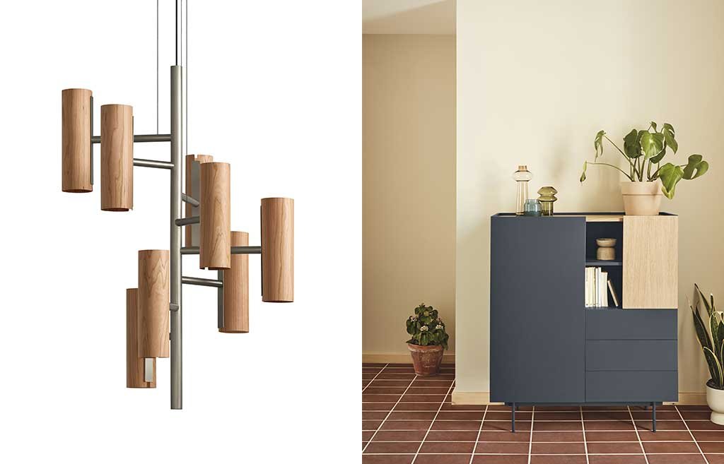 lampadario sospeso steli legno e mobile credenza colorato