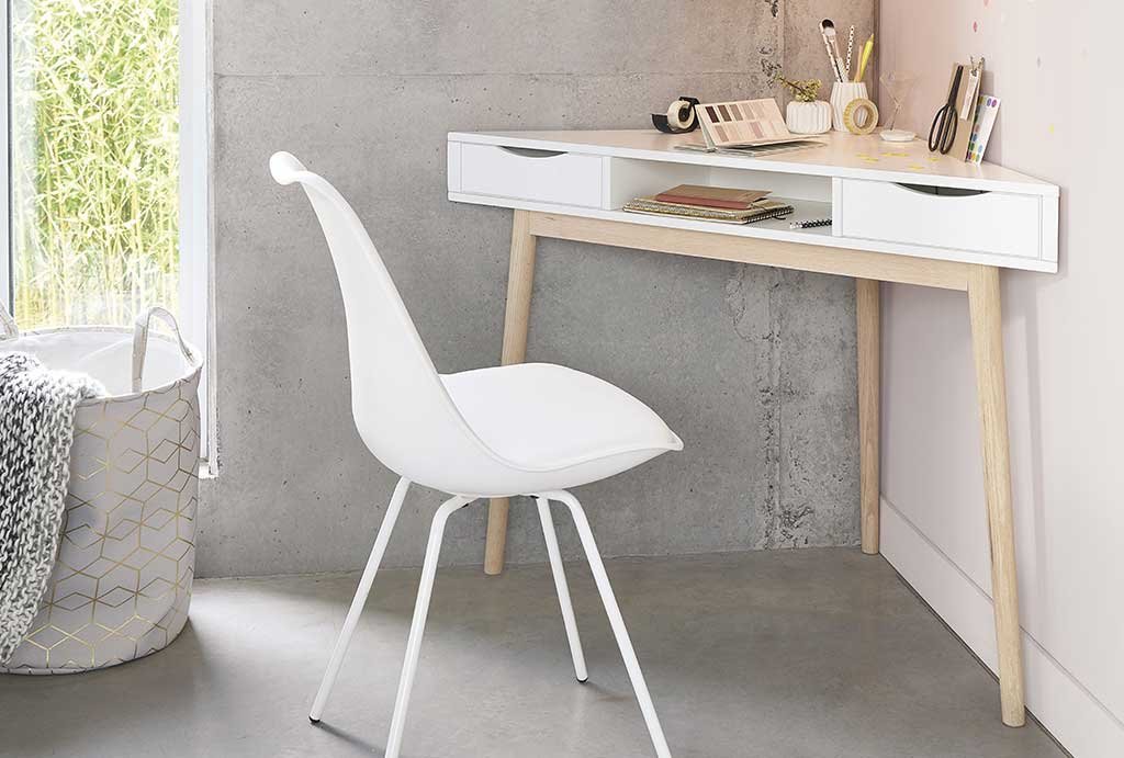 Wooden and white corner desk with drawers and open compartment