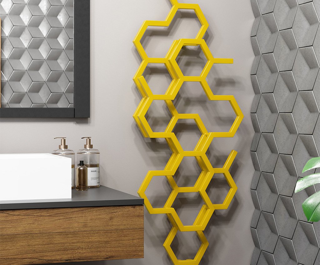 termoarredo verticale parete giallo esagoni alveare