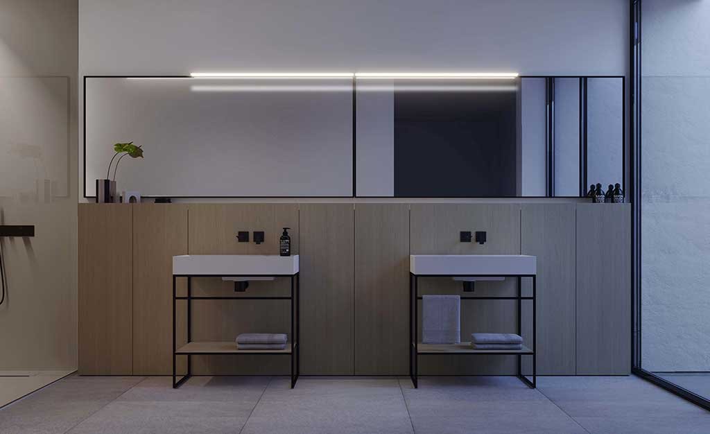 arredo bagno sistema parete boiserie nascosta legno chiaro