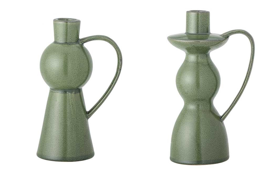 green stoneware candle holders