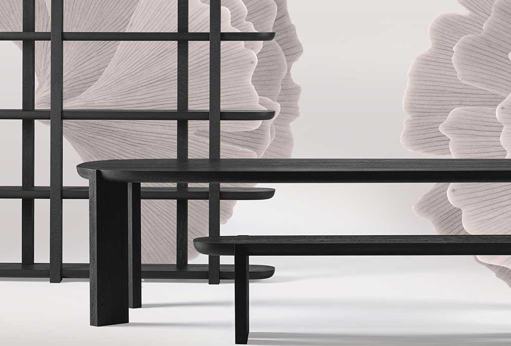 Black wooden bench, table, and bookcase