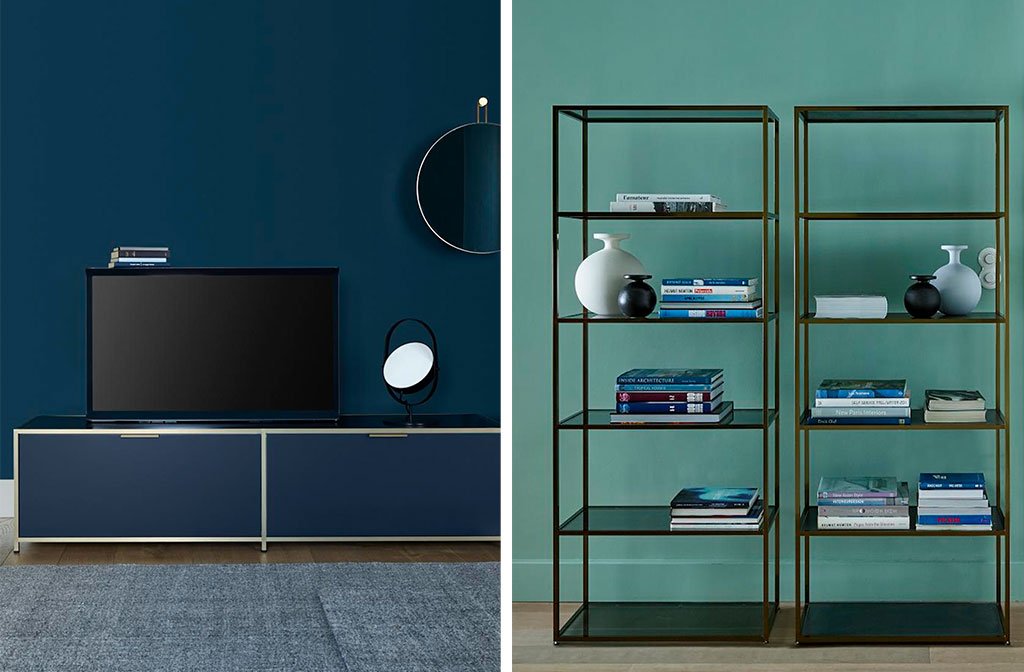mobile porta tv blu e libreria freestanding nero