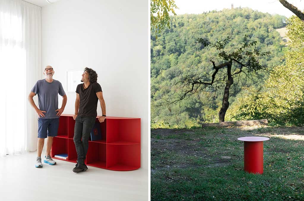 Roberto Cicchinè and Marco Ripa with red Coimbra collection products
