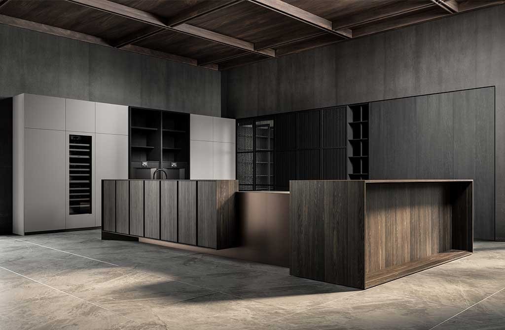 cucina con isola in rovere fossile