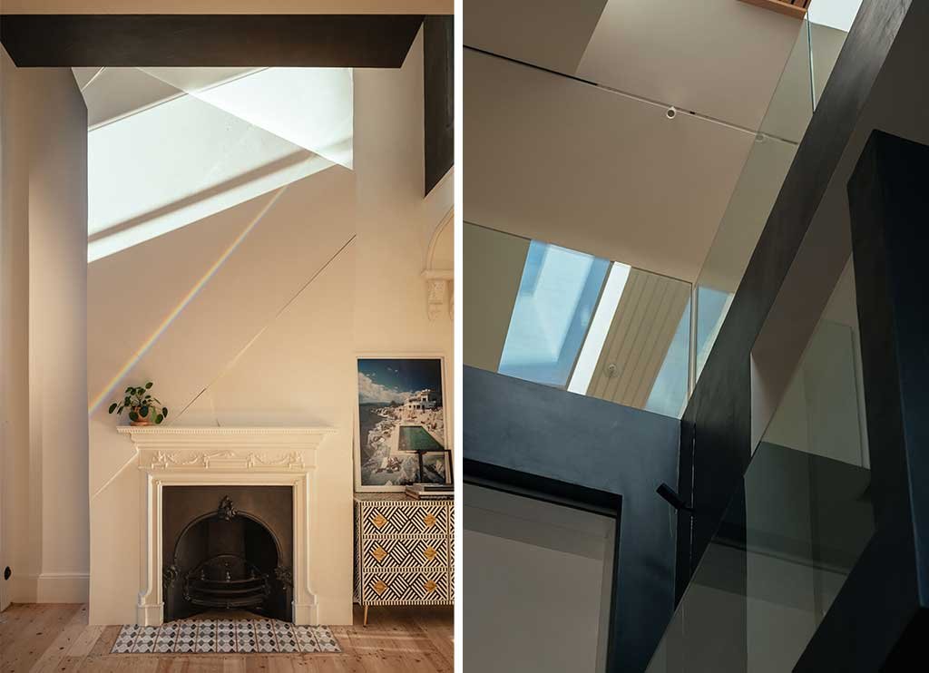 caminetto originale vittoriano e spazi moderni a sbalzo casa