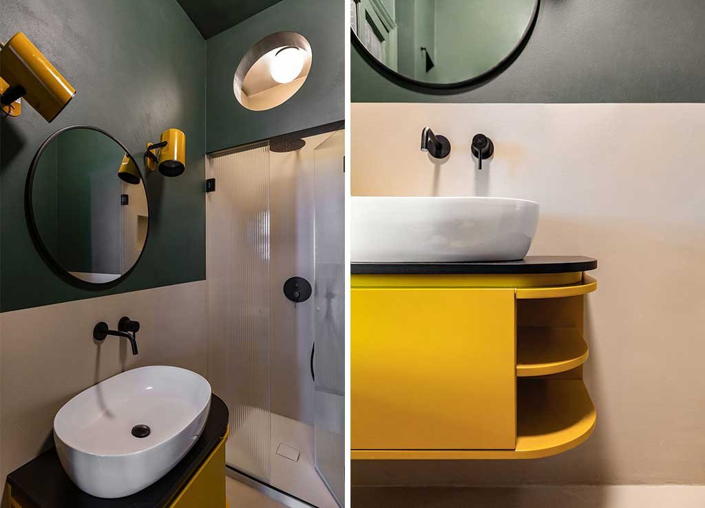 bathroom house DD green wall and yellow furniture